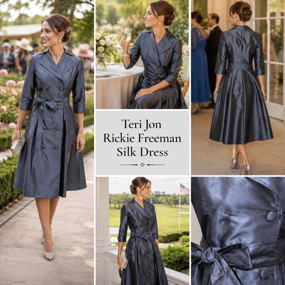 Rickie Freeman Teri Jon Navy Blue 100% Silk Trench Coat Dress S.6 Double Breast